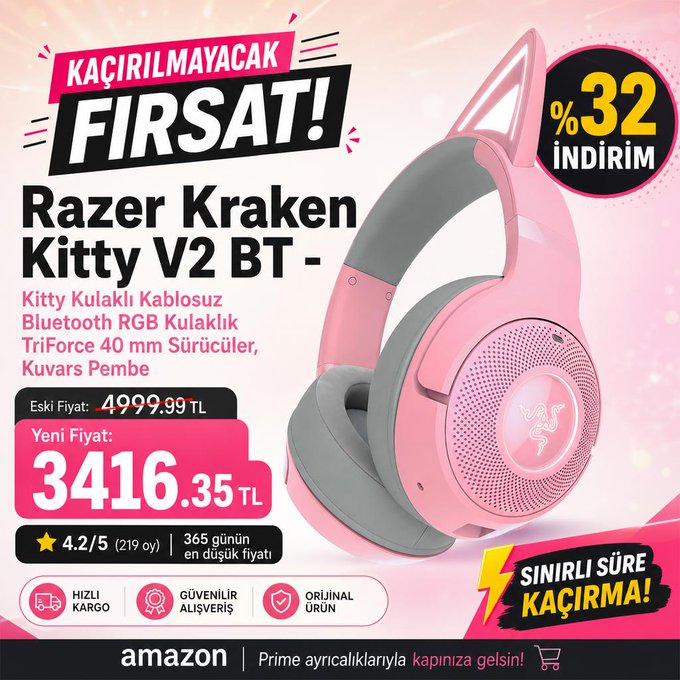 Razer Kraken Kitty V2 BT - Kitty Kulaklı Kablosuz Bluetooth RGB Kulaklık TriForce 40 mm Sürücüler,  Kuvars Pembe