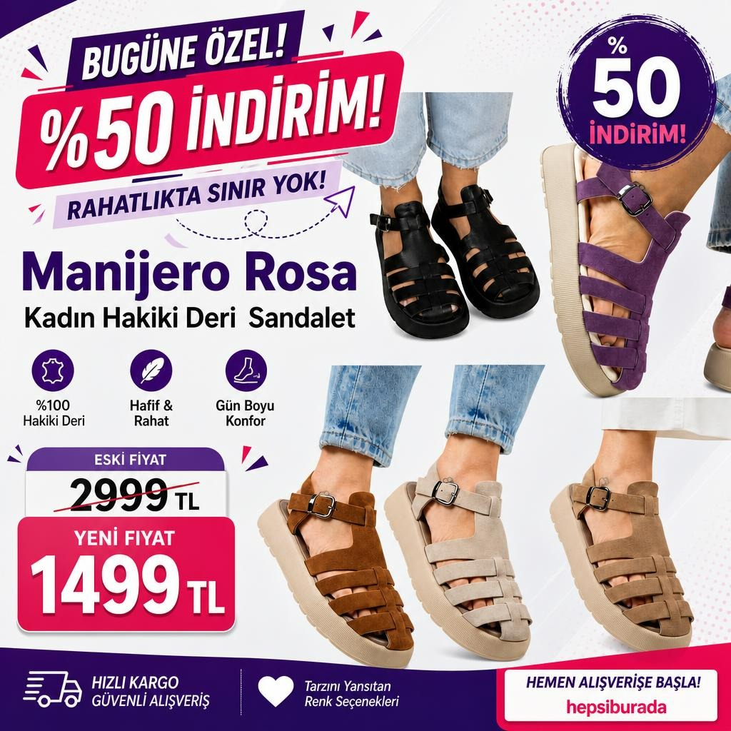 Monijero Hakiki Deri Kadın Sandaletlerinde Net %50İndirime Ek 75TL Kupon