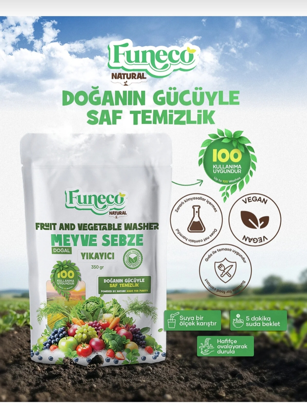 FUNECO Natural Meyve & Sebze Yıkayıcı Bitki ve Mineral Bazlı Doğal Temizleyici Toz 2 AL 1 ÖDe FIRSATI! 