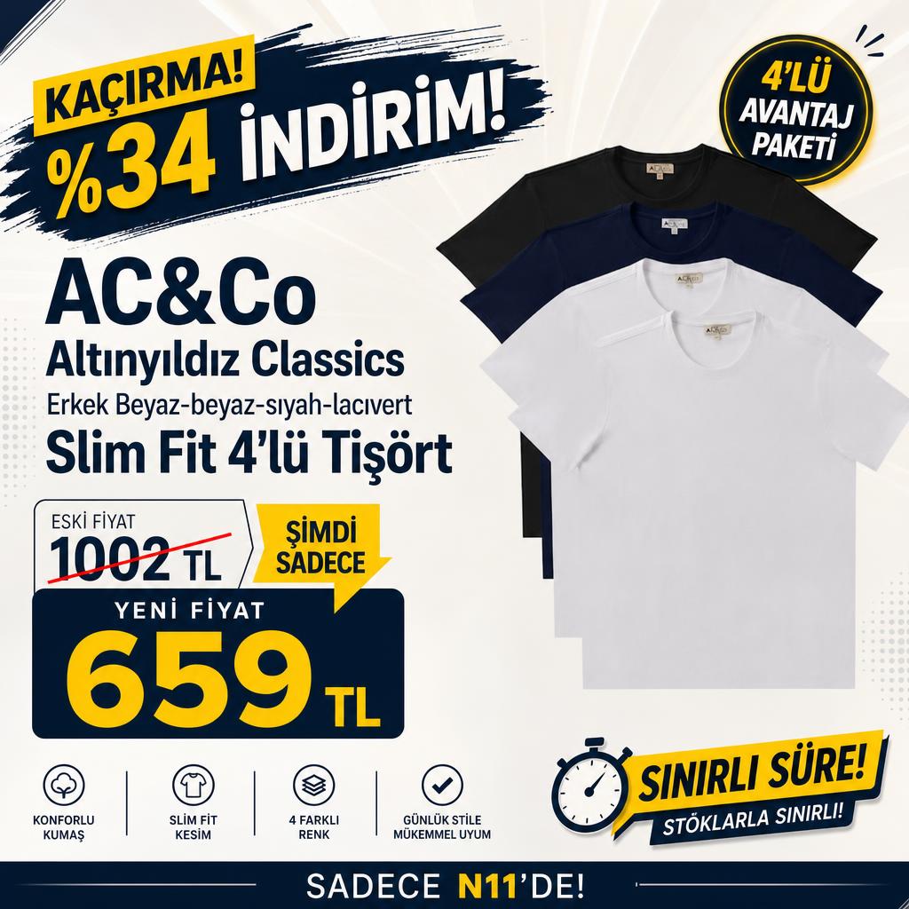 AC&Co Altınyıldız Classics Erkek Beyaz-beyaz-sıyah-lacıvert Slim Fit 4'lü Tişört 659TL!