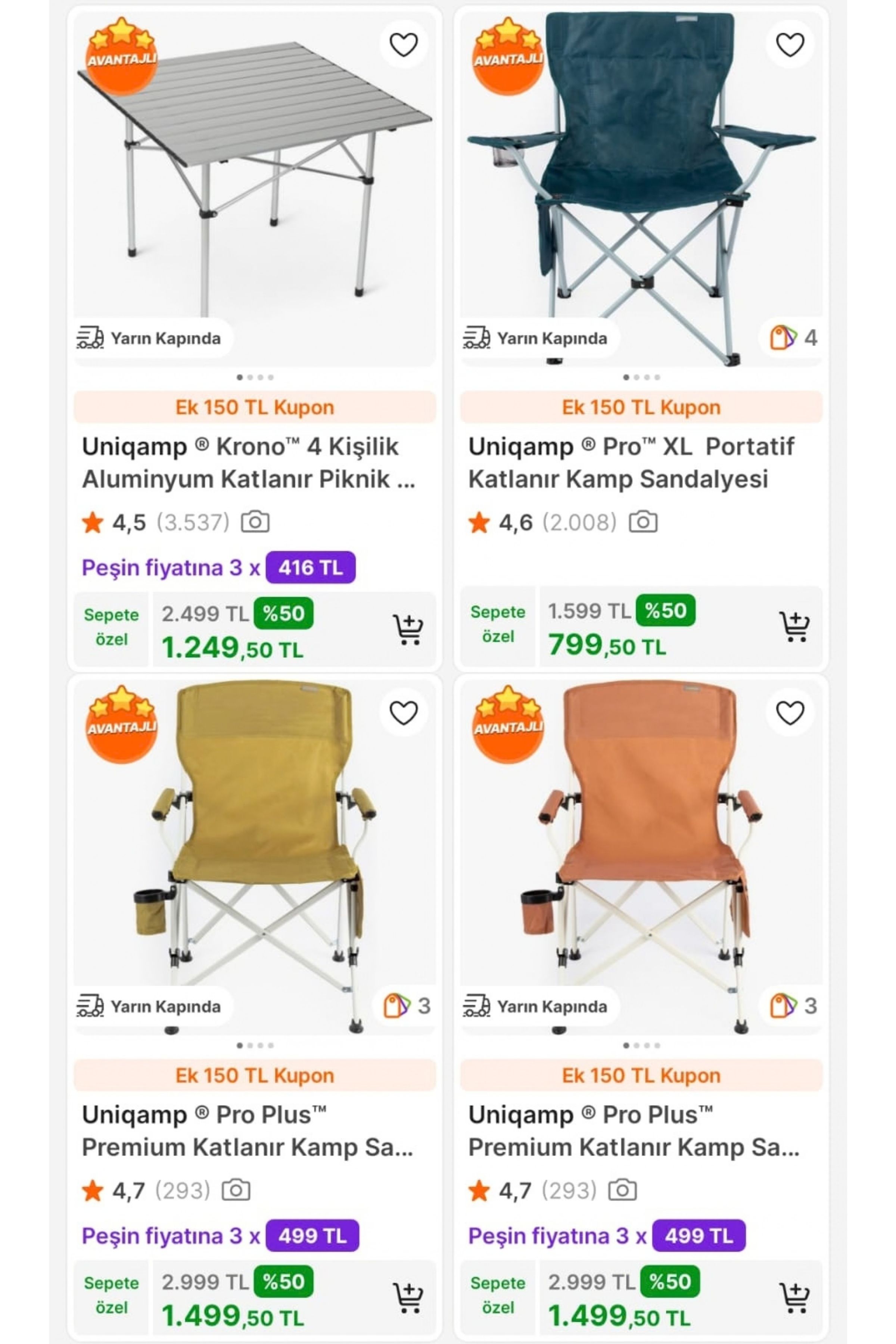 Uniqamp SEÇİLİ  KAMP MASA SANDALYELERDE %50+ 1500TL'YE 150TL  İNDİRİM FIRSATI! 