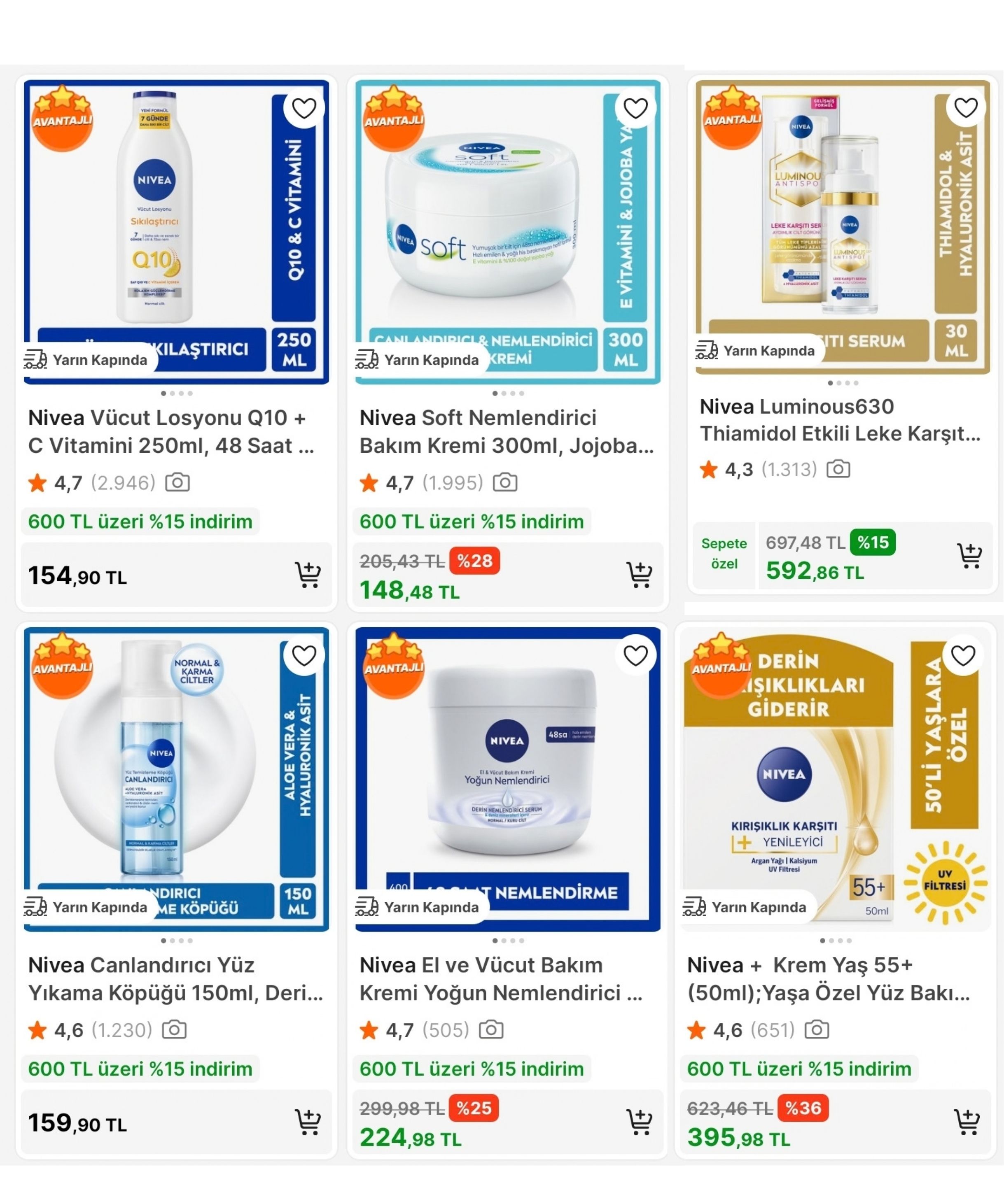 NİVEA'DA 600TL'YE %15+1000TL'YE "KOZMO300" KODUYLA 300TL YA DA 1500TL'YE "KOZMO500" KODUYLA 500TL İNDİRİM FIRSATI! 