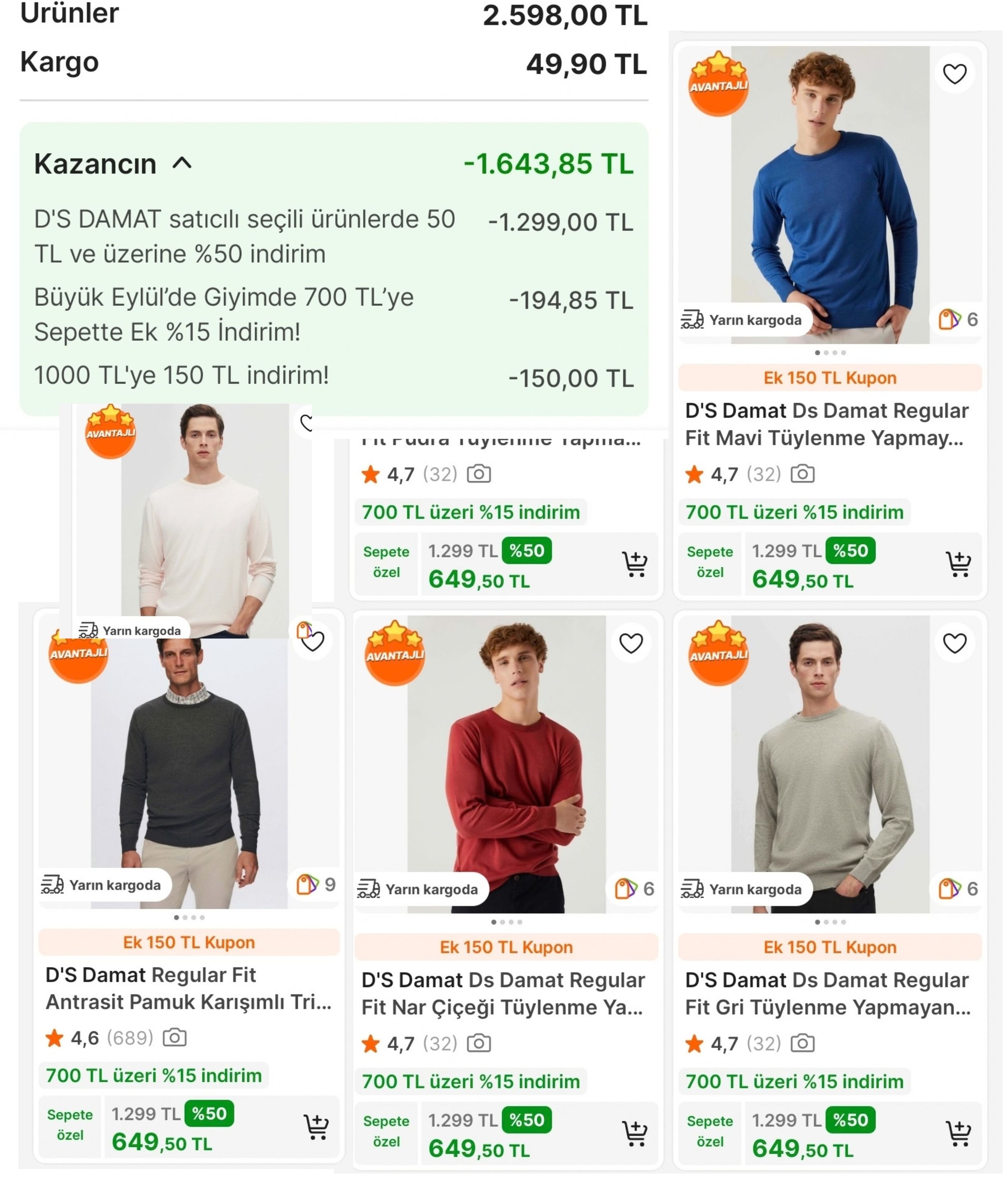 DS DAMAT'TA TRİKOLAR %50+ 700TL'YE %15+ 1000TL'YE 150TL İNDİRİM! KIŞ GELİRKEN KAÇIRILMAYACAK MUHTEŞEM BİR FIRSAT! 
