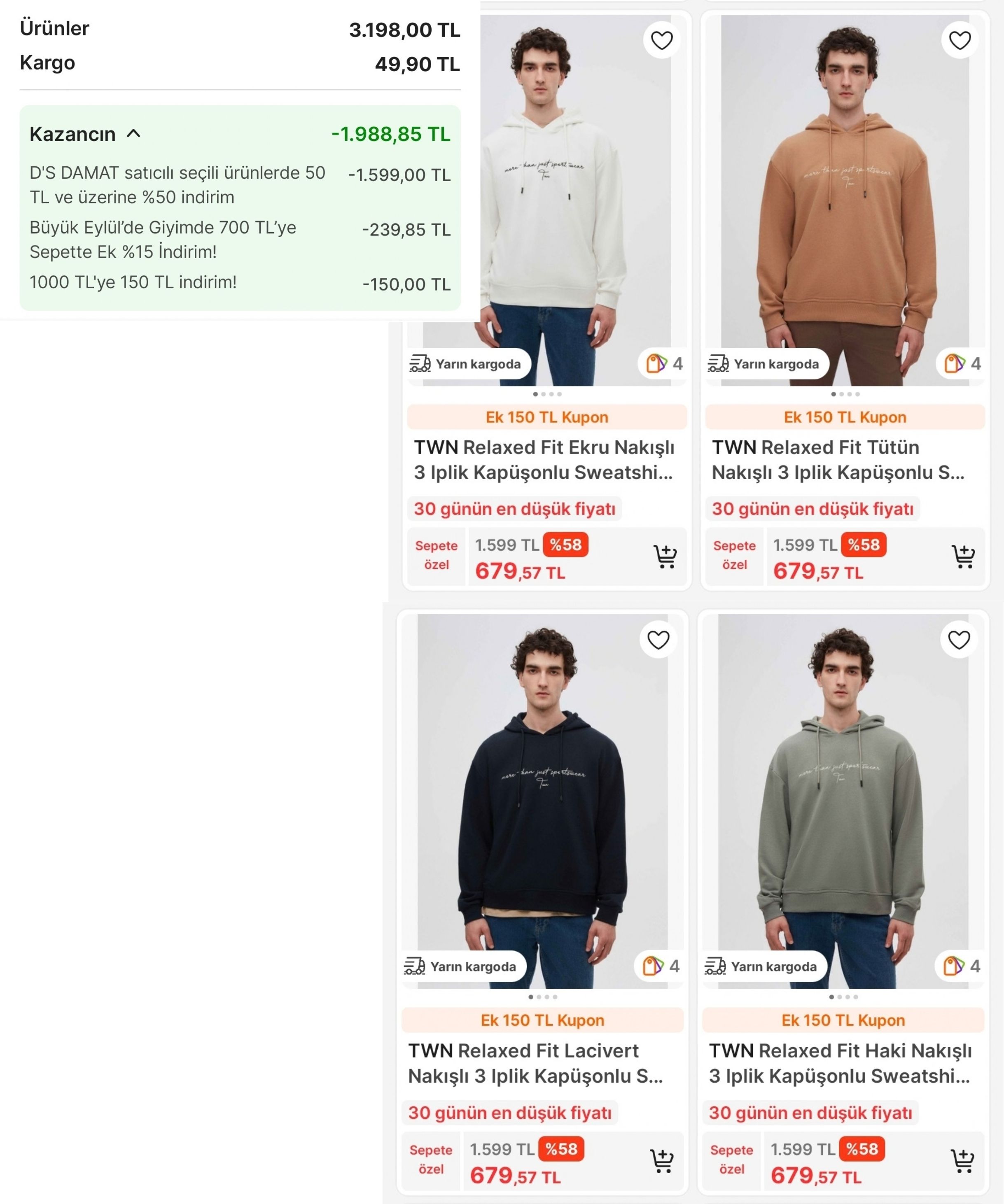 D'S DAMAT SWEATSHİRTLERDE NET %58 İNDİRİM+ 1000TL'YE 150TL KUPON FIRSATI!