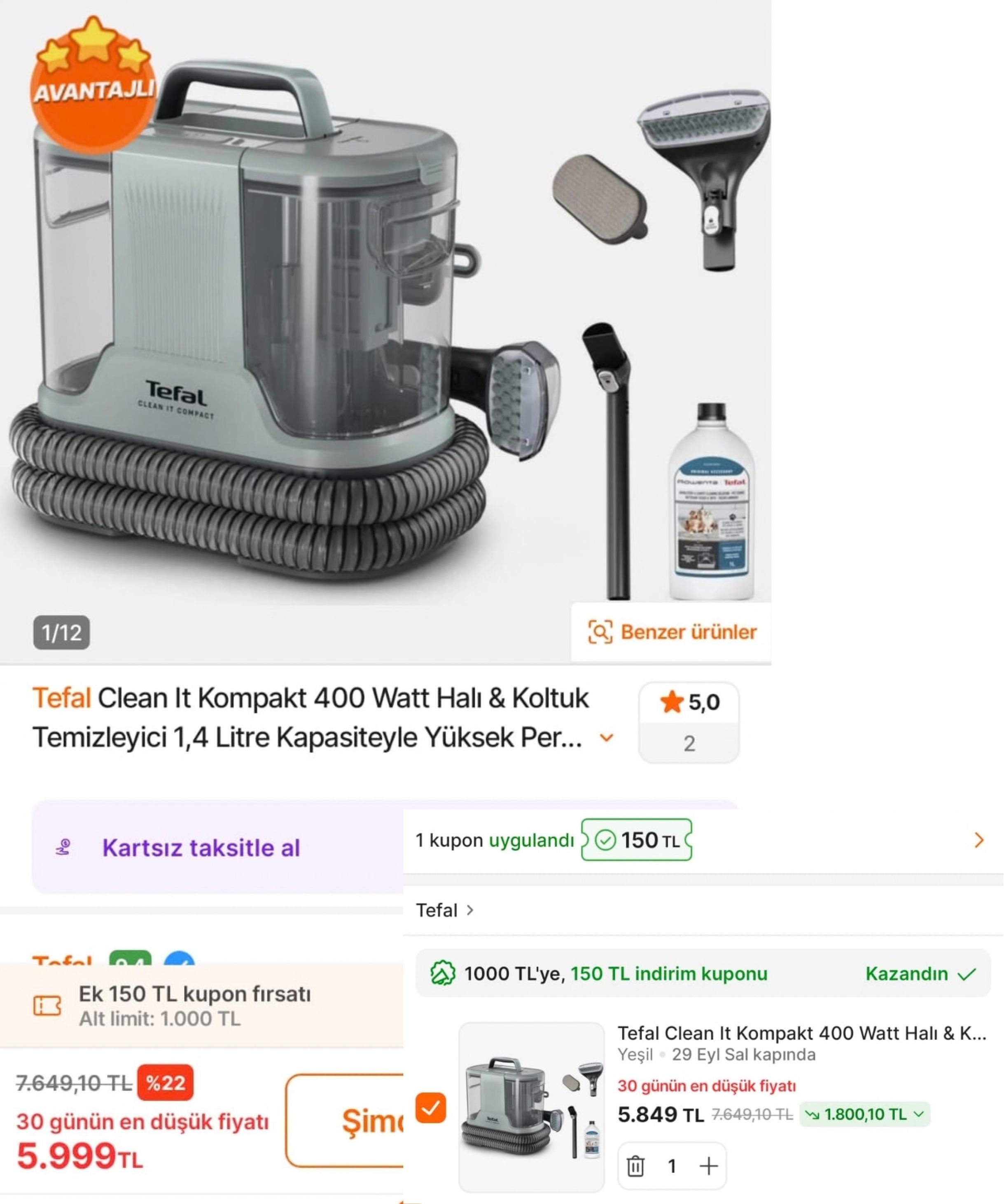 Tefal Clean It Halı ve Koltuk Yıkama Makinesi 150 Kupon İle 5849 TL