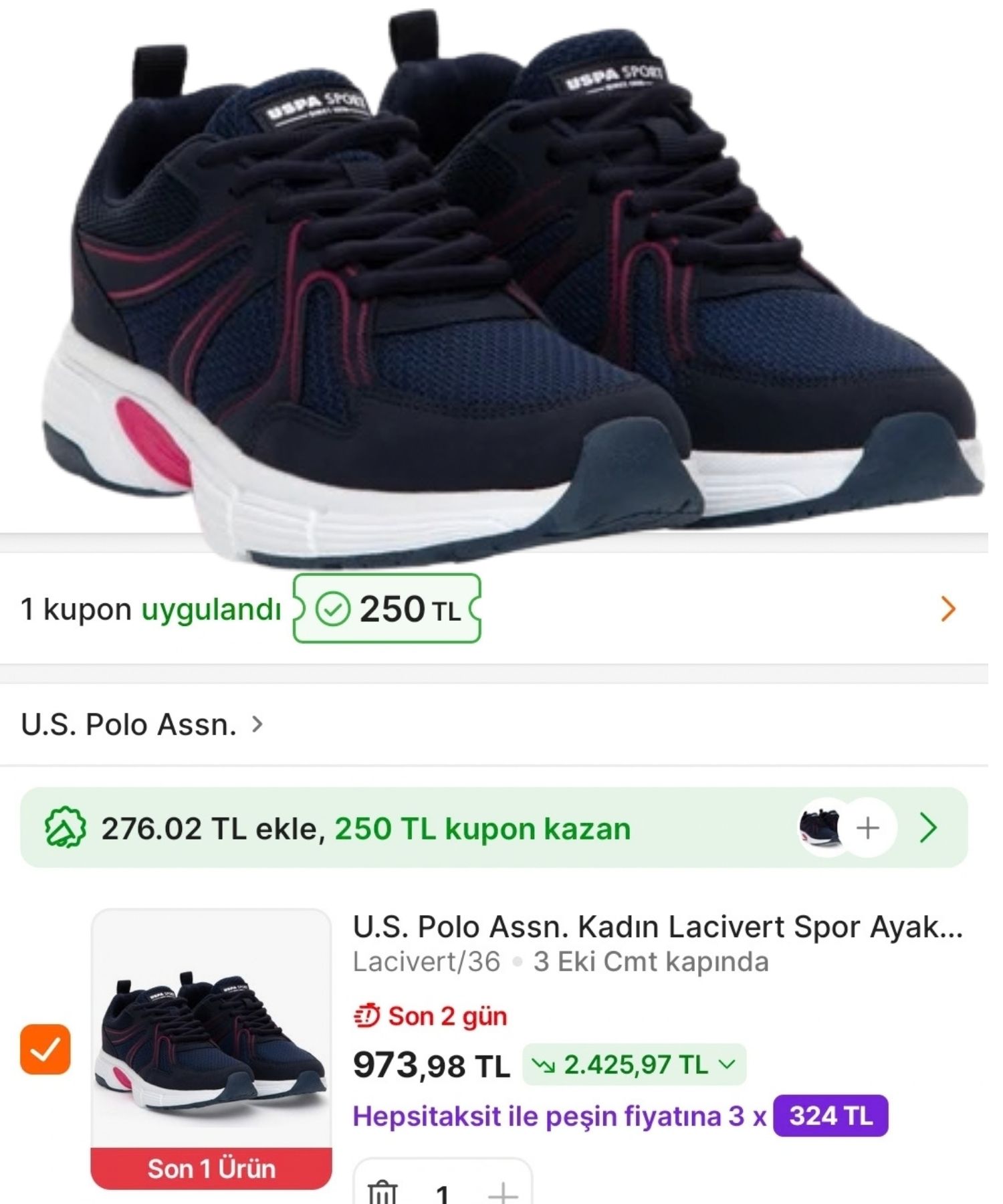 U.S. Polo Assn. Kadın Lacivert Spor Ayakkabı 