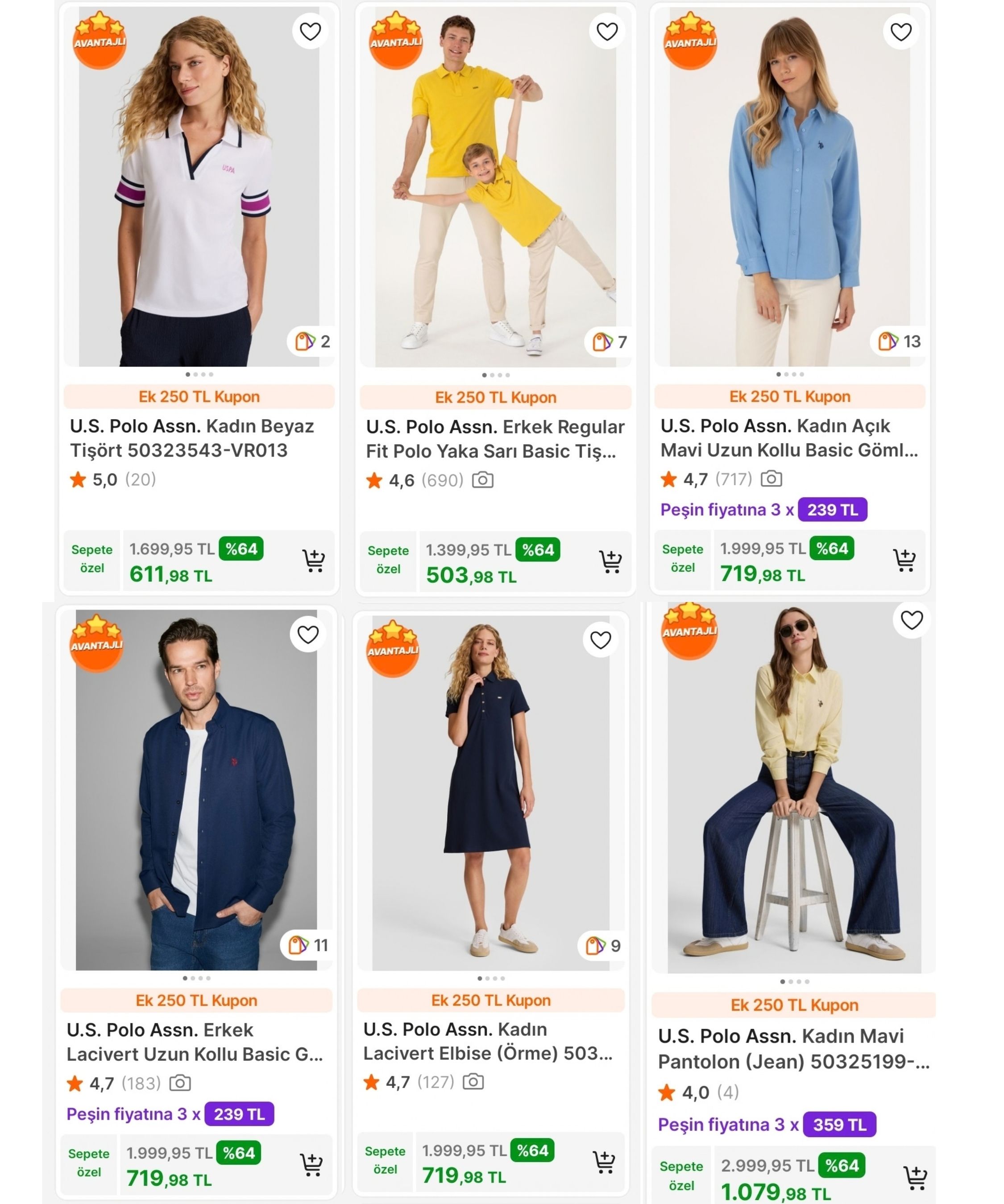 U.S. Polo Assn. ÜRÜNLERİNDE  NET %64 İNDİRİME EK 1000TL'YE TAM 250TL İNDİRİM FIRSATI!