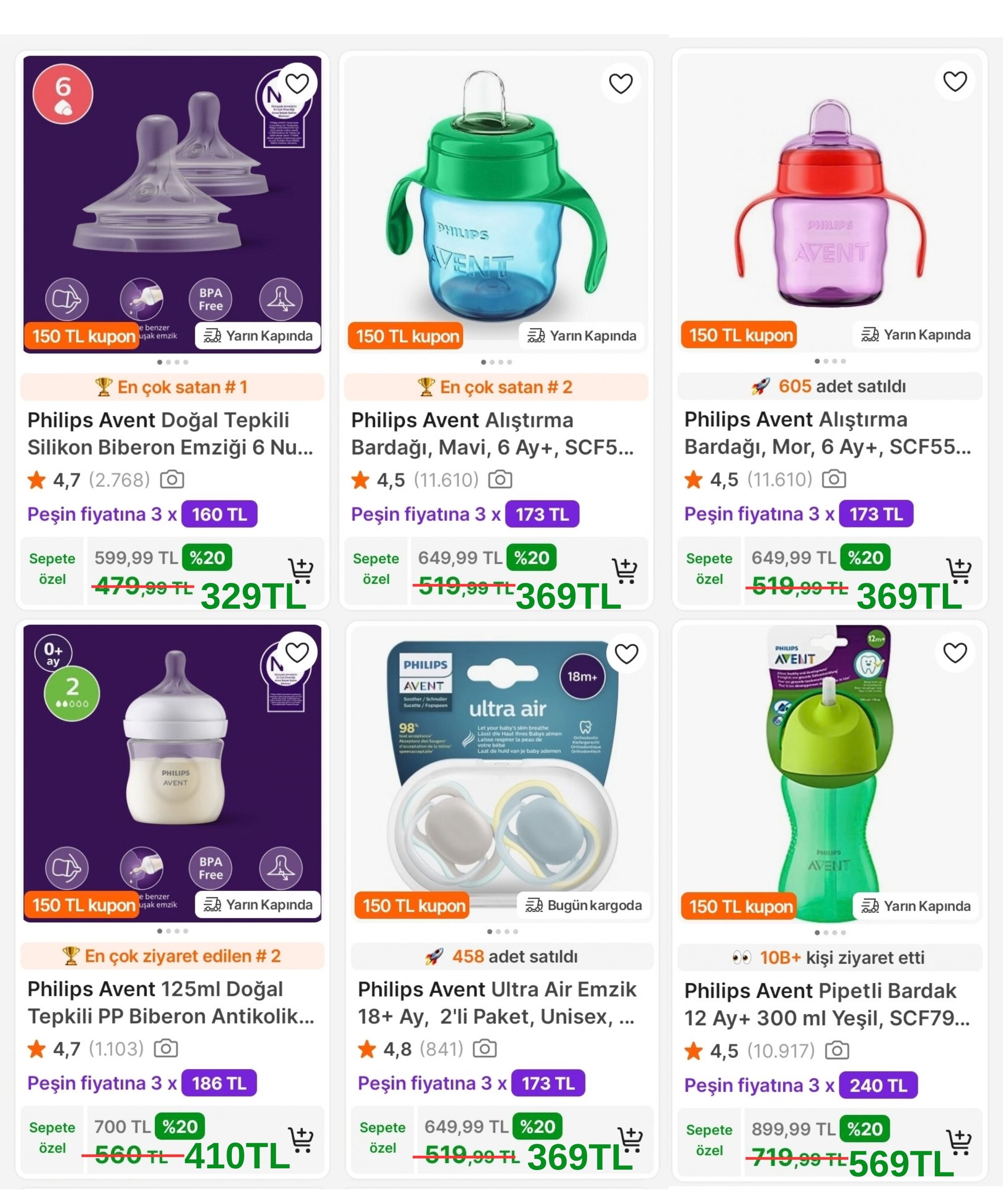 PHİLİPS AVENT SEÇİLİ ÜRÜNLERDE %20 İNDİRİME EK "BIBERON150" KODU İLE 150TL İNDİRİM FIRSATI!