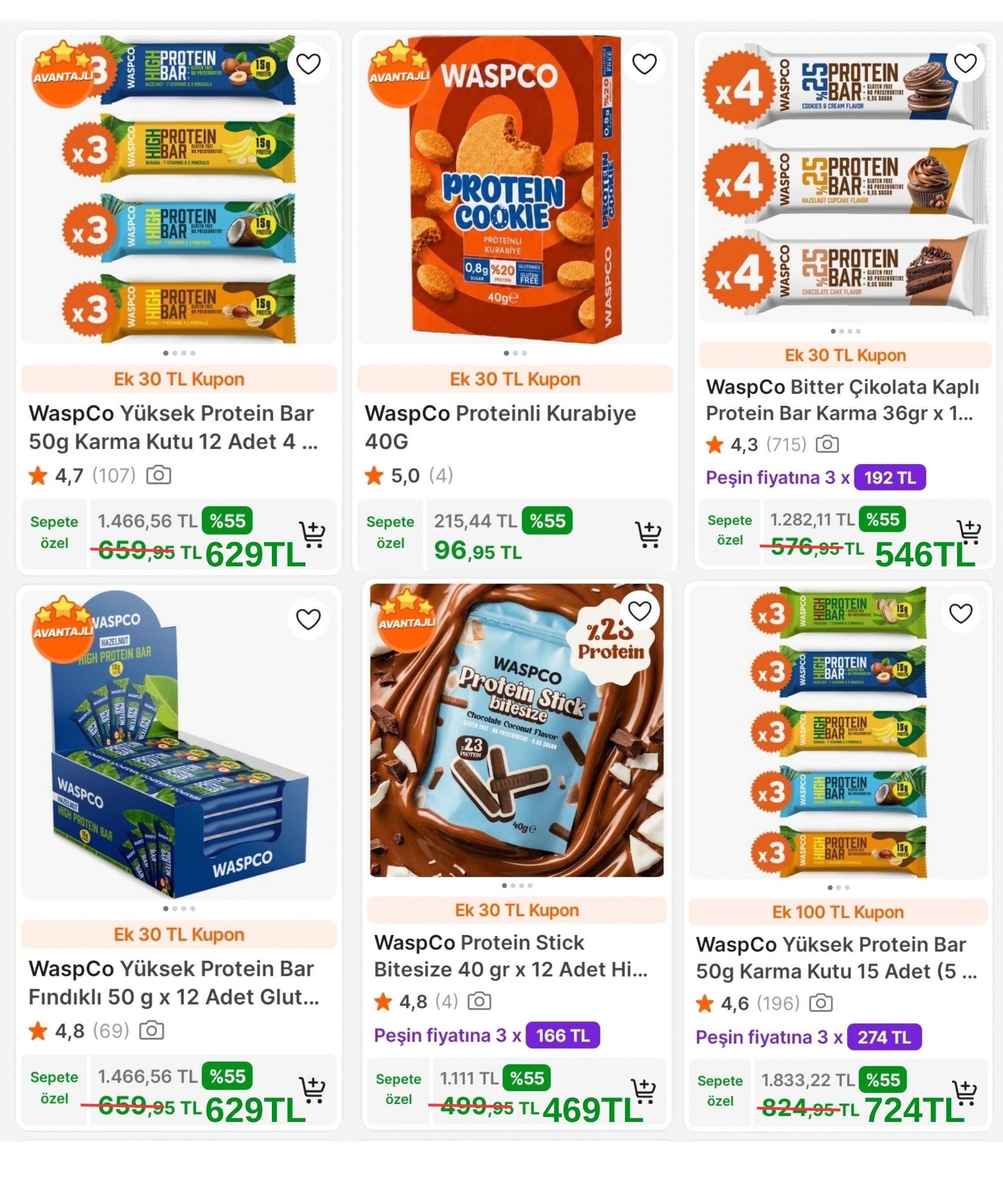WASPCO PROTEİN BAR VE ÇİKOLATALARDA SEPETTE NET %55 İNDİRİME EK 800TL'YE 100TL YA DA 250TL'YE 30TL KUPON FIRSATI!