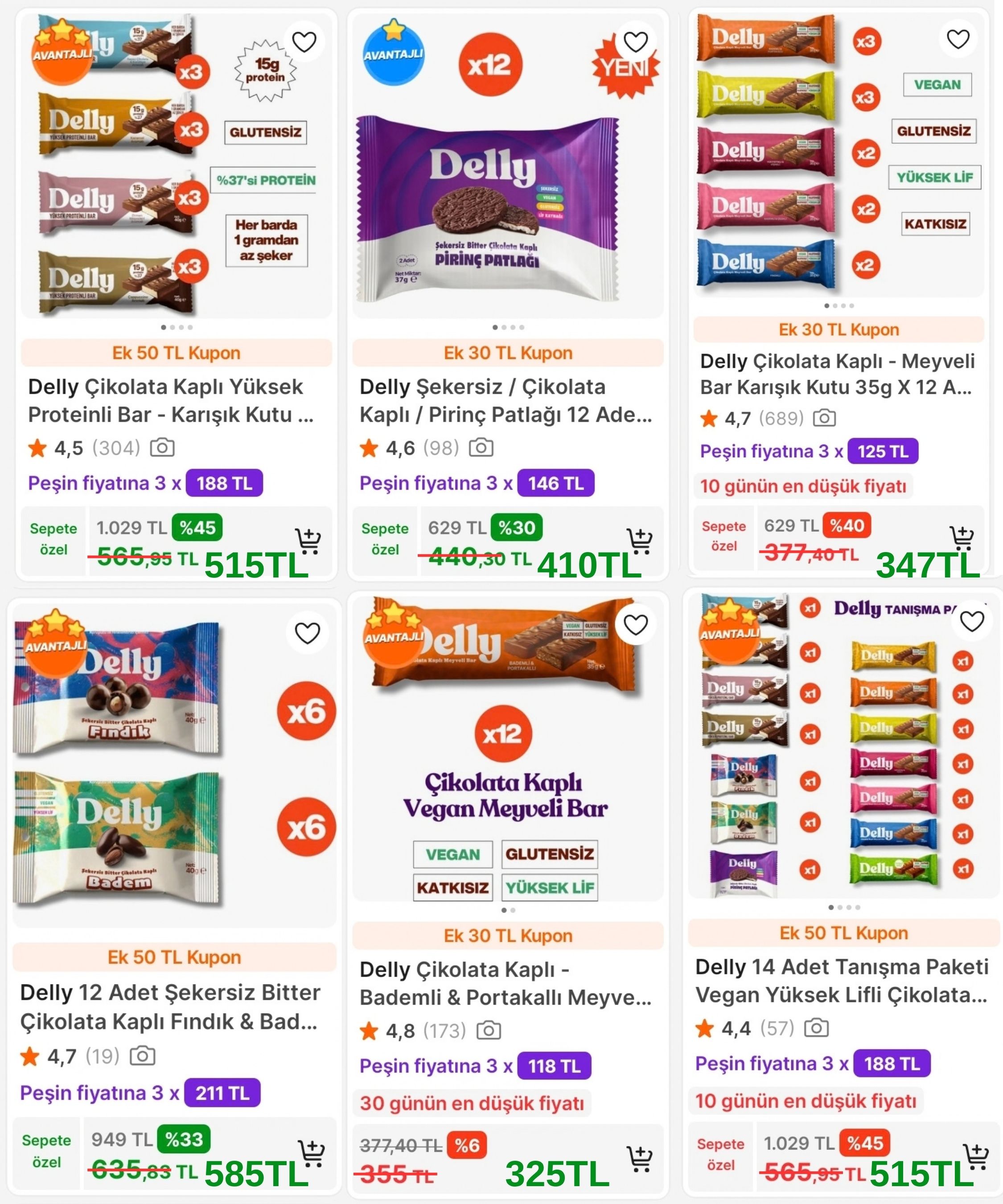 DELLY PROTEİN VE MEYVELİ BARLARDA İNDİRİMLERE EK 1000TL'YE 300TL / 450TL'YE 50TL / 300TL'YE 30TL İNDİRİM FIRSATI!