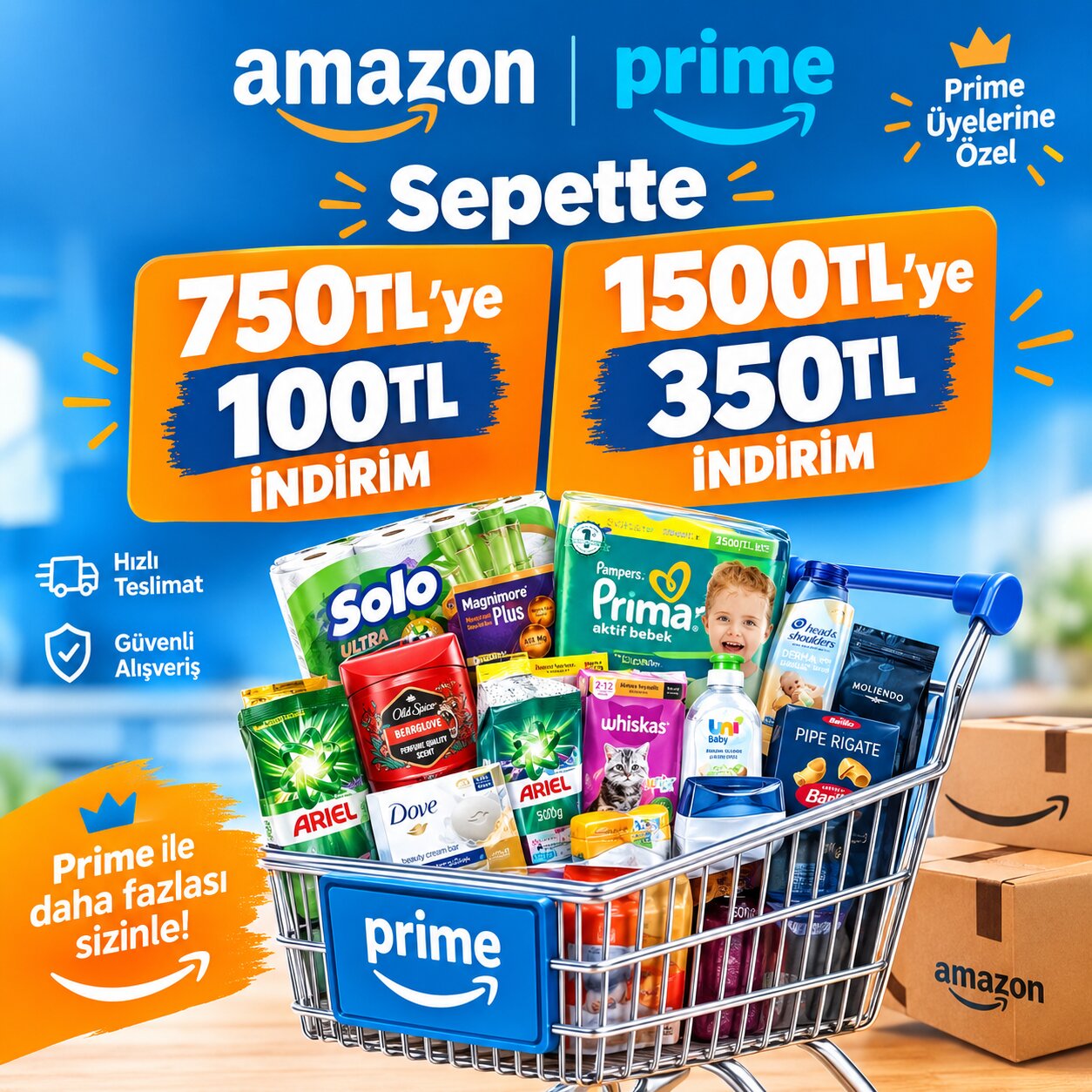 PRİME ÜYELERİNE SEPETTE 750TL'YE 100TL / 1500TL'YE 350TL İNDİRİM FIRSATI!