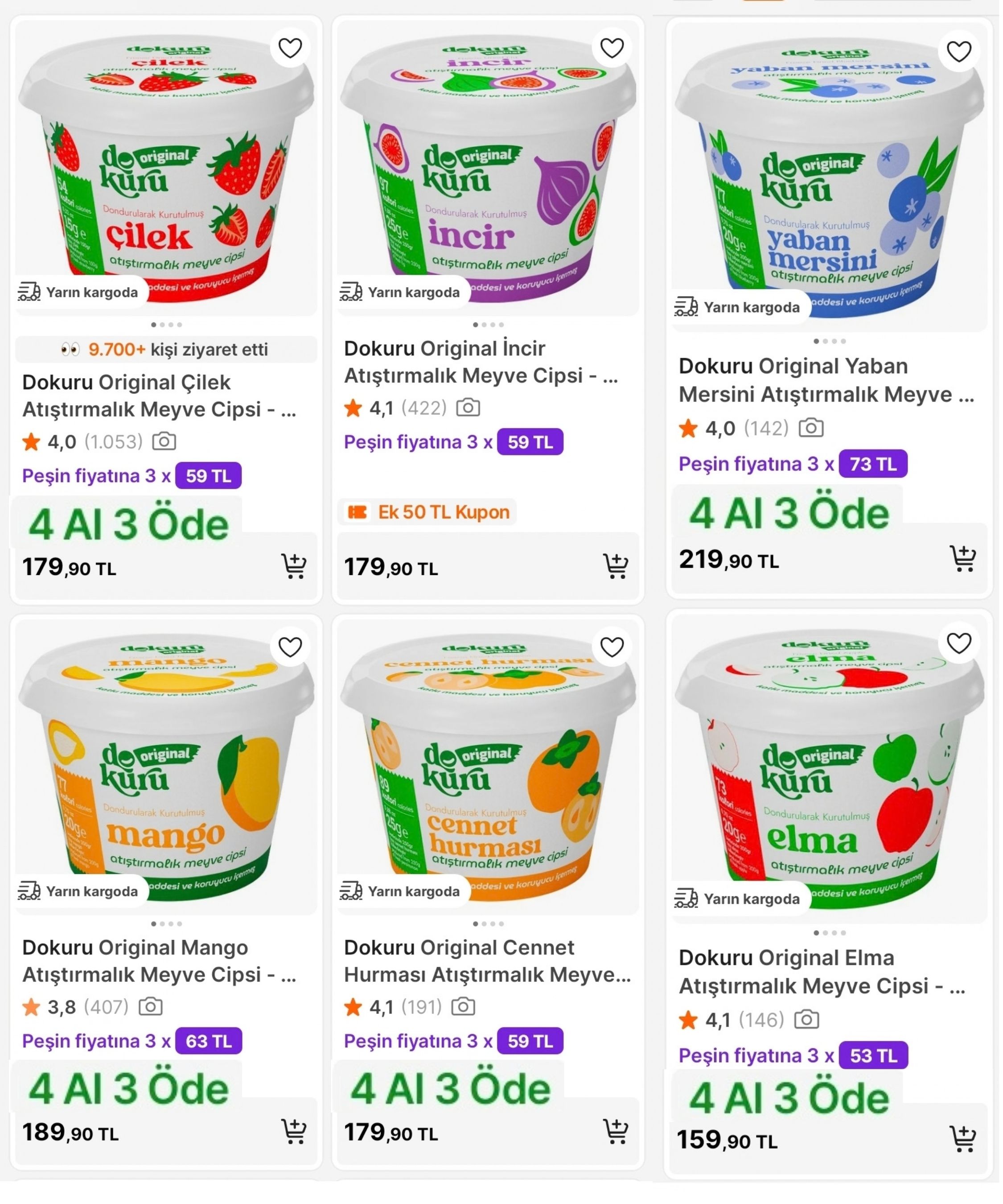 DOKURU KURU MEYVE CİPSLERİNDE 4 AL 3 ÖDE FIRSATINA EK 500TL'YE 50TL KUPON!