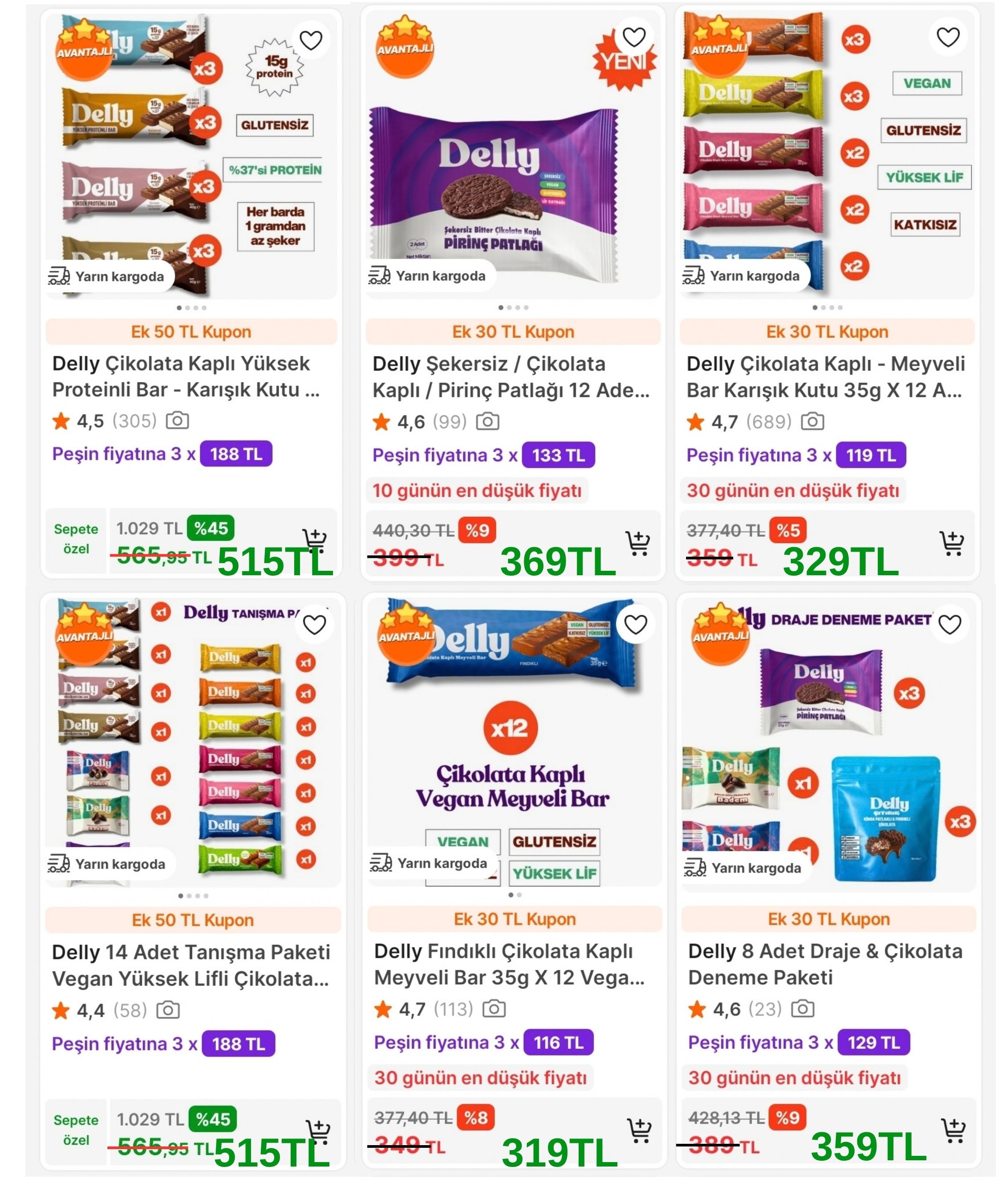 DELLY PROTEİN VE MEYVELİ BARLARDA İNDİRİMLERE EK 1000TL'YE 250TL / 450TL'YE 50TL / 300TL'YE 30TL İNDİRİM FIRSATI!